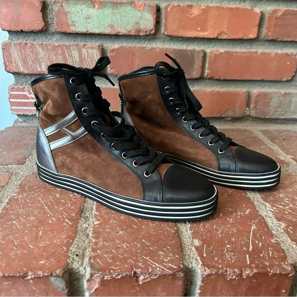 Hogan Rebel Hi Top Suede Lace Up Sneakers in Brown Sz 7.5 Women’s